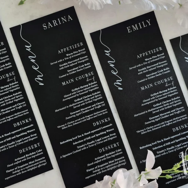 Personalized White Printing on Black Cardstock Menus